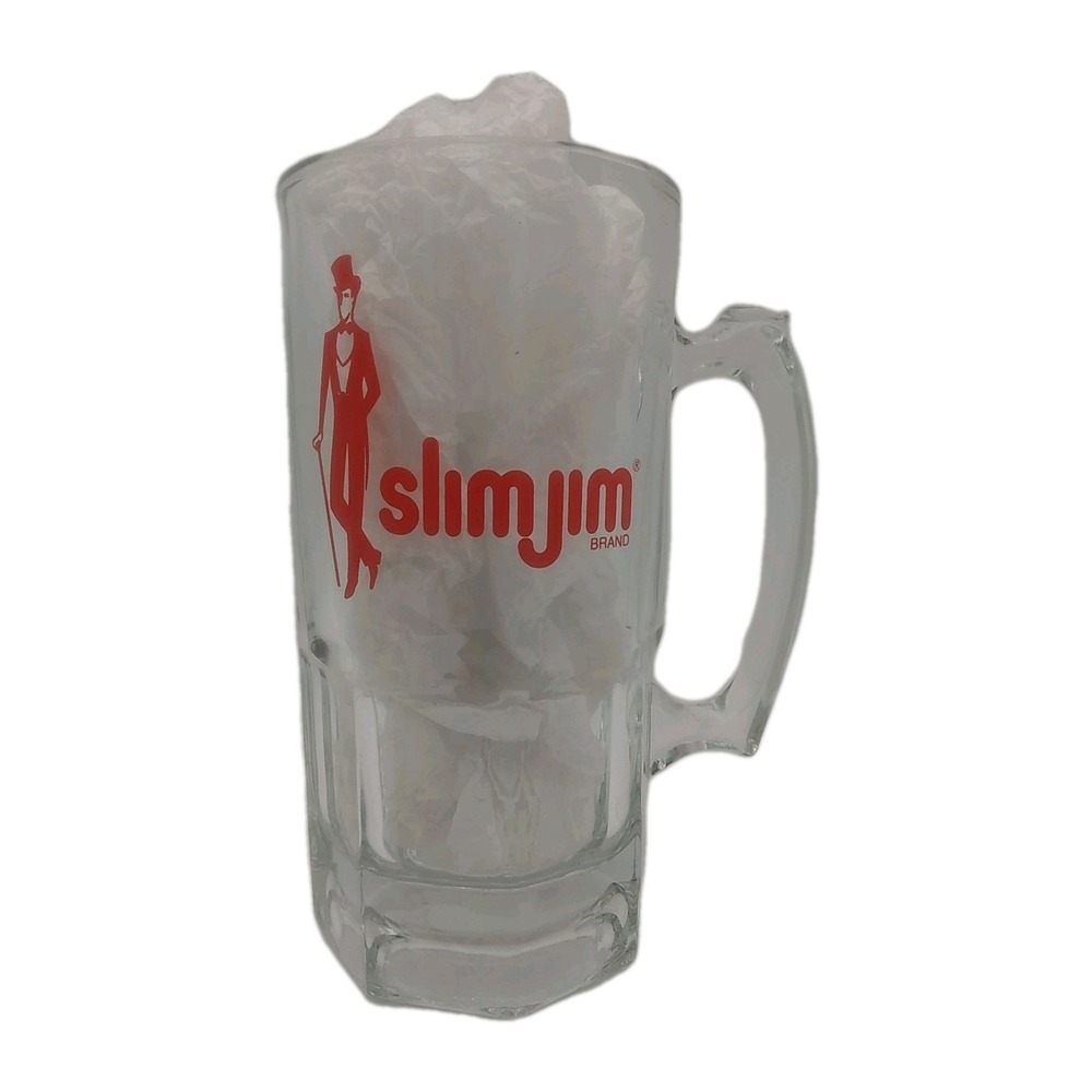 Vintage 1980's Slim Jim Advertising Beer Stein, Clear Glass 32 oz, 8" Tall